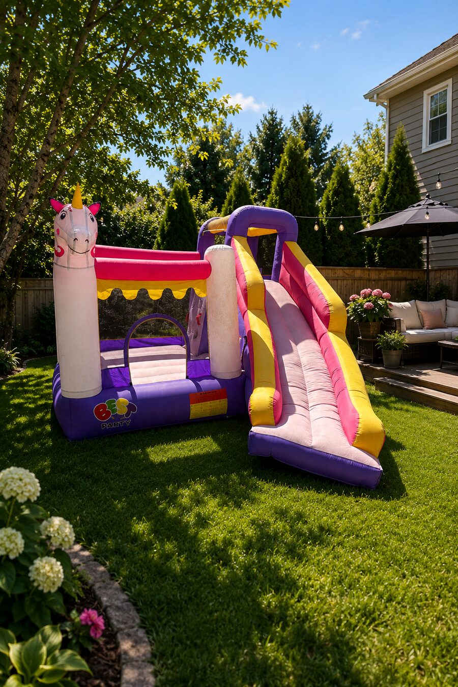 Location château gonflable licorne avec trampoline et glissade à Stoneham