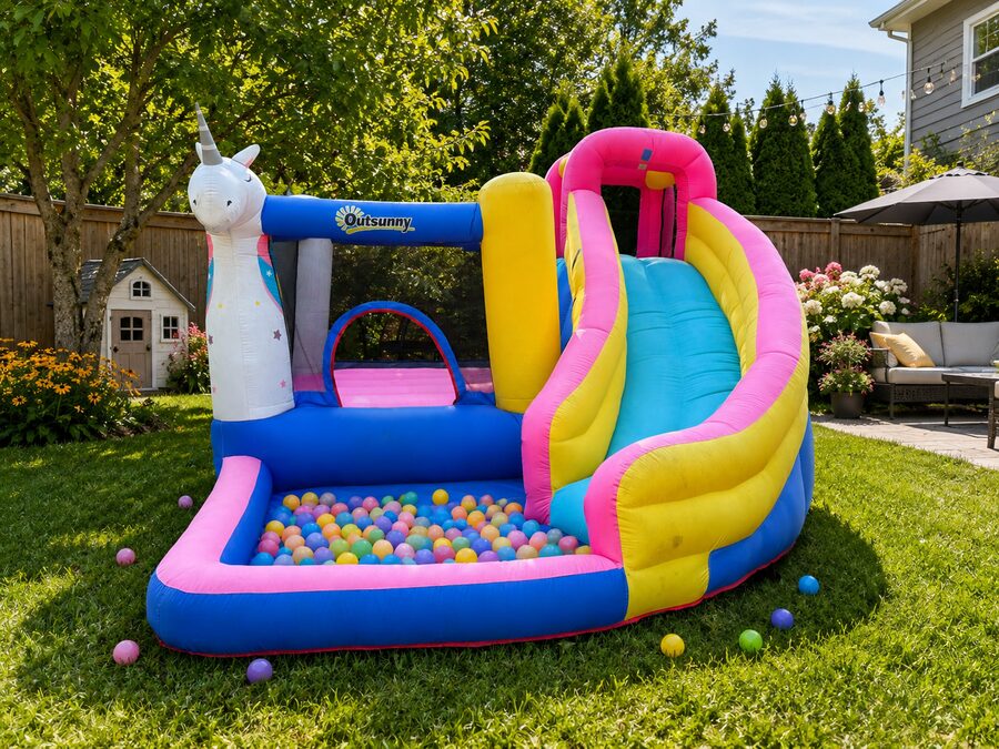Location jeu gonflable licorne avec piscine à balles à Stoneham