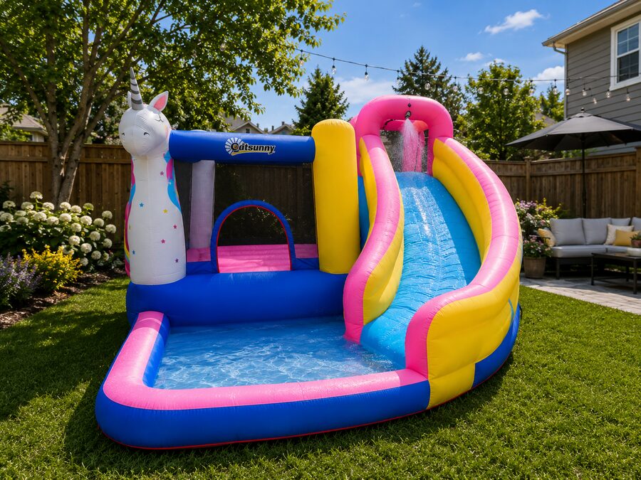 Location jeu gonflable licorne aquatique avec glissade et piscine à Stoneham
