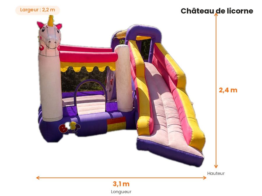 Dimensions du château gonflable licorne : 3,1 m x 2,2 m x 2,4 m