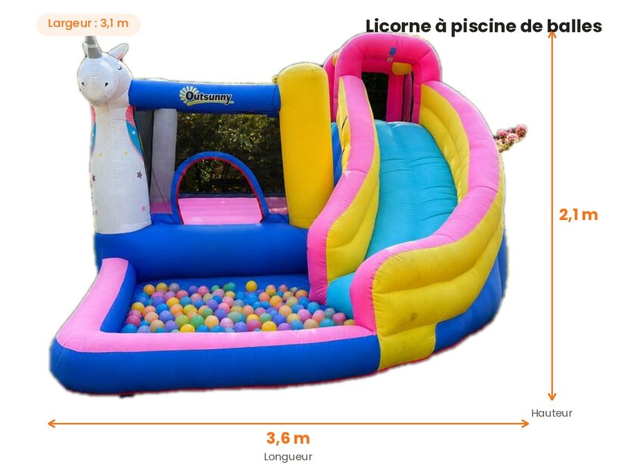 Dimensions du jeu gonflable licorne à piscine de balles : 3,6 m x 3,1 m x 2,1 m