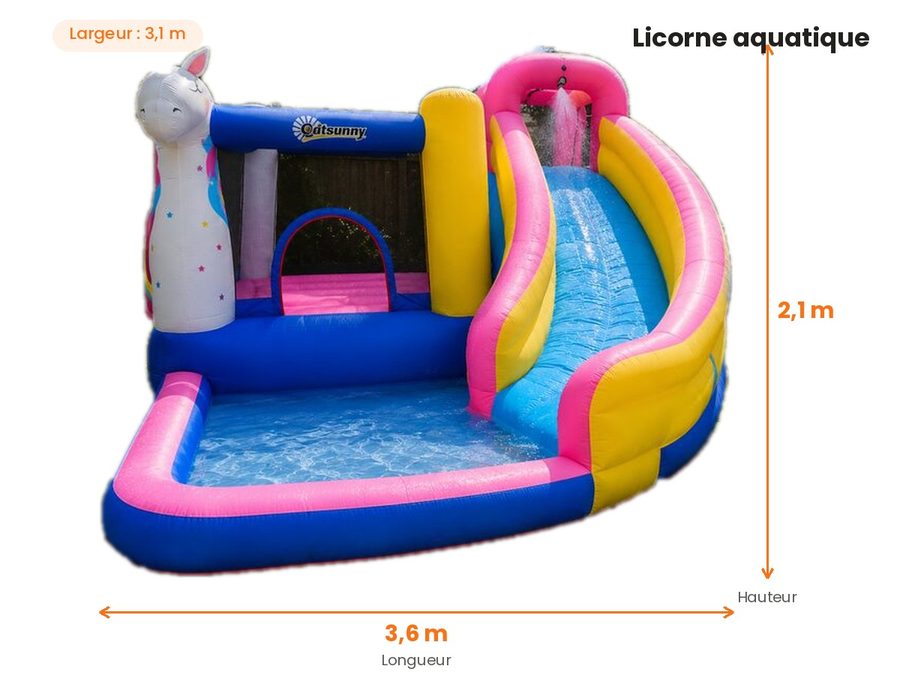Dimensions du jeu gonflable licorne aquatique : 3,6 m x 3,1 m x 2,1 m