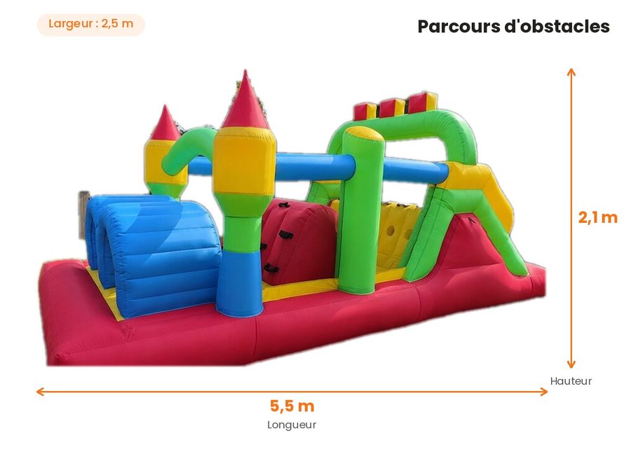 Dimensions du parcours d'obstacles gonflable : 5,5 m x 2,5 m x 2,1 m