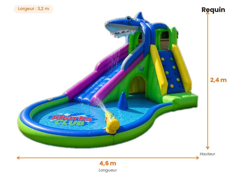 Dimensions du jeu gonflable requin : 4,6 m x 3,2 m x 2,4 m